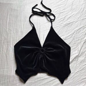 COSMIC AURA black velour velvet pointed hem halter neck cropped top